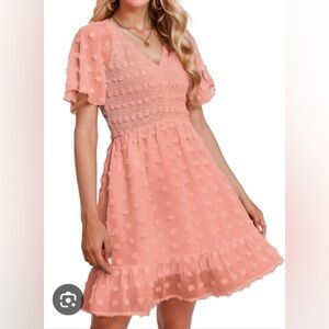 EUC Flutter Sleeve Pink Textured Swiss Dot V-Neck Smock Fit & Flare Dress XS
